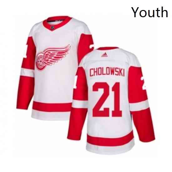 Youth Adidas Detroit Red Wings 21 Dennis Cholowski Authentic White Away NHL Jersey